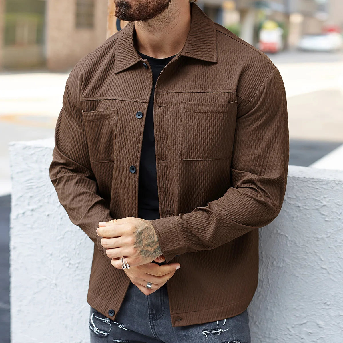 Men’s spring 2025 cotton-blend shirt with buttoned knit details