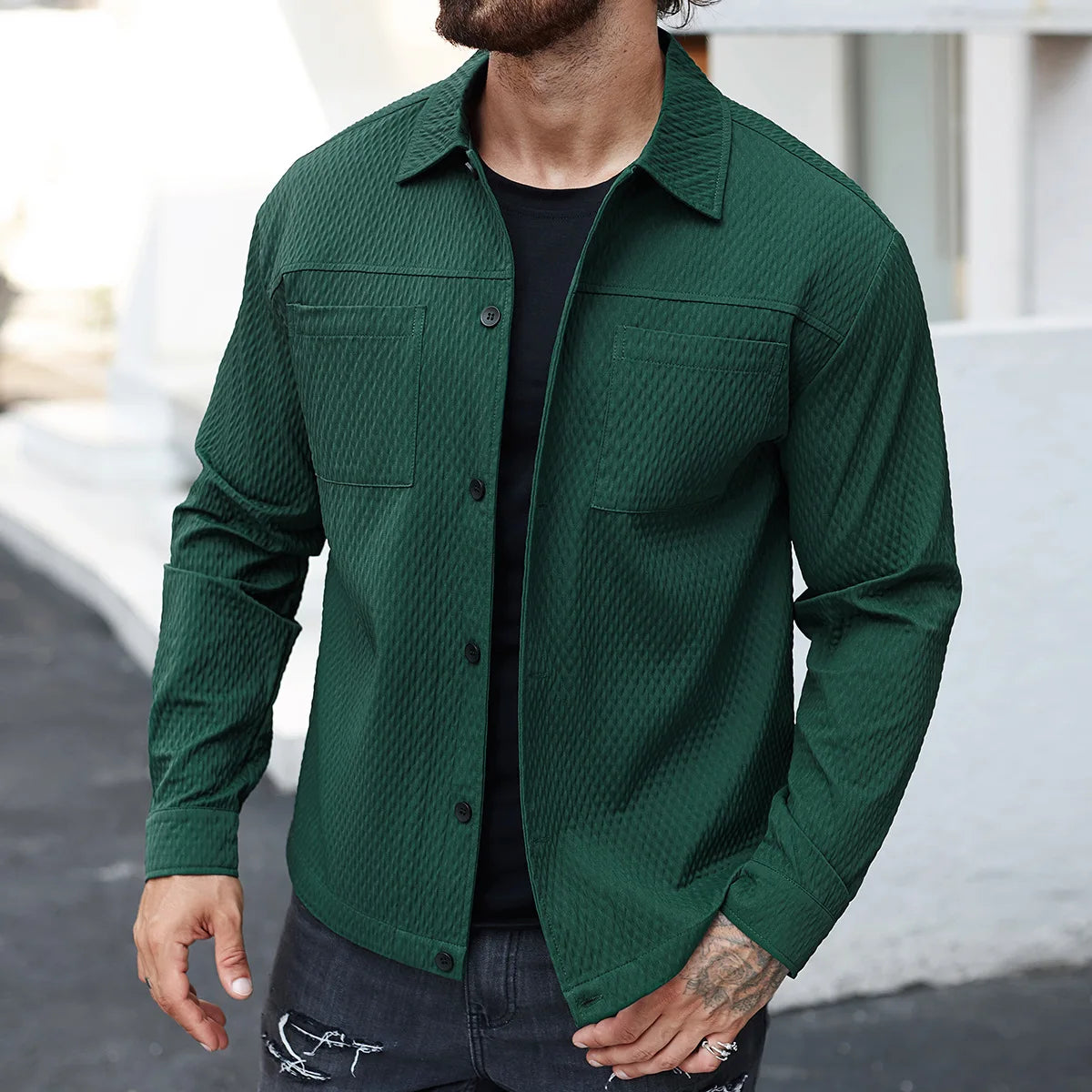 Men’s spring 2025 cotton-blend shirt with buttoned knit details